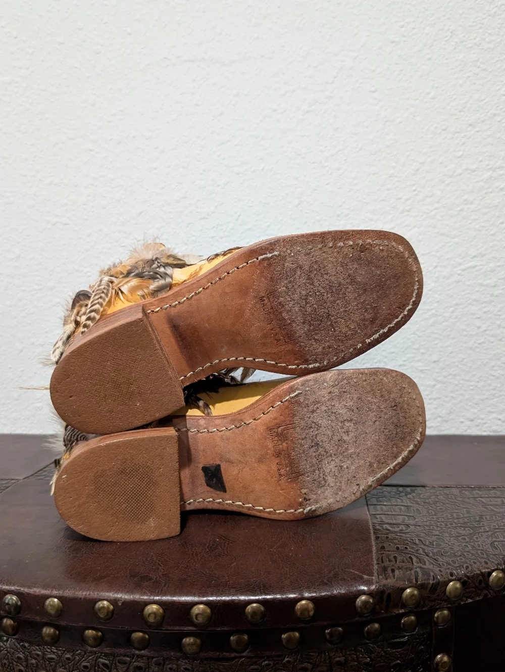 Vintage Frye Campus Banana Short Boots With Custom Feather Trim Size 6